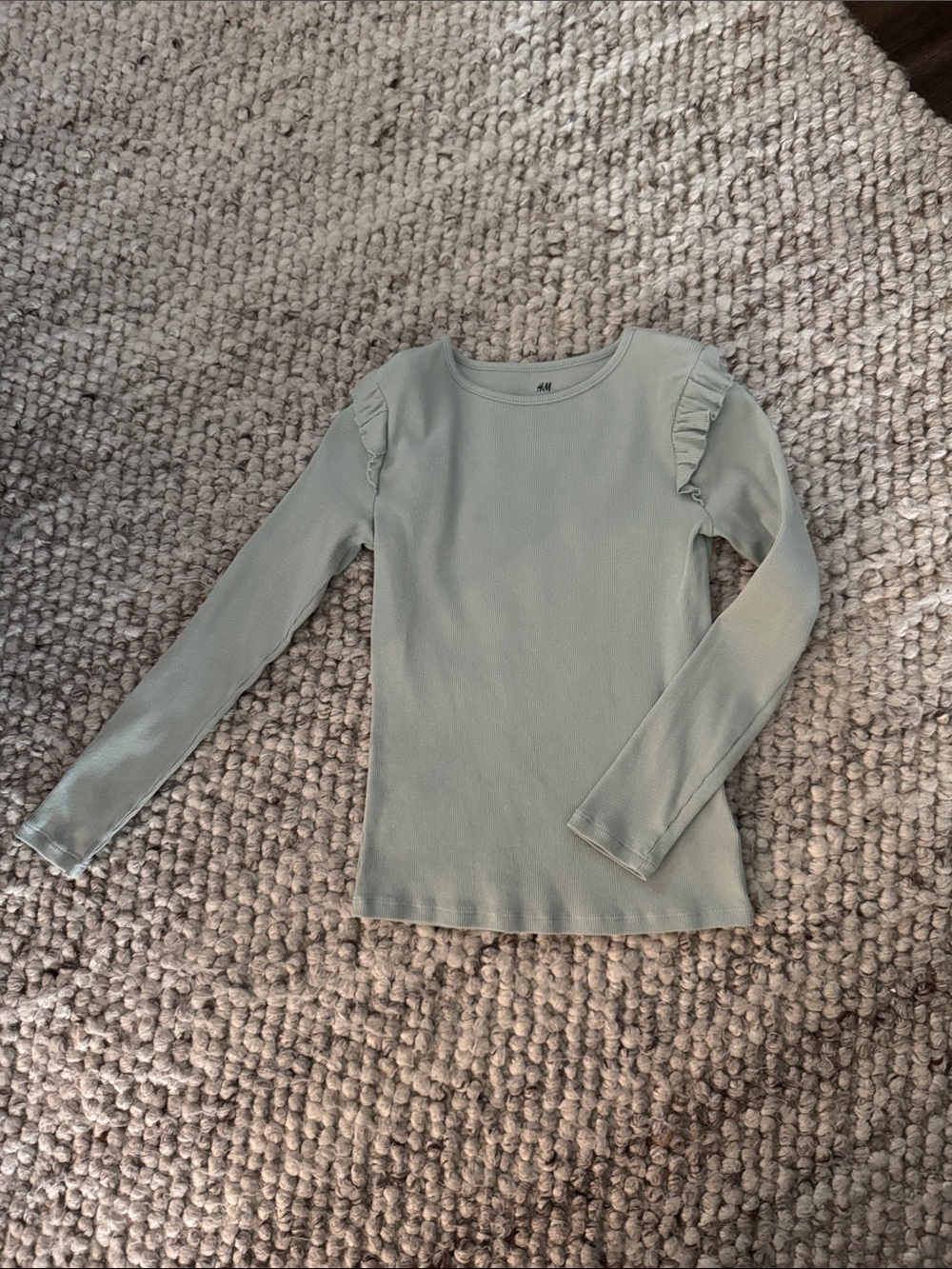 H&M Light Sage Ruffle-Shoulder Long Sleeve Tee